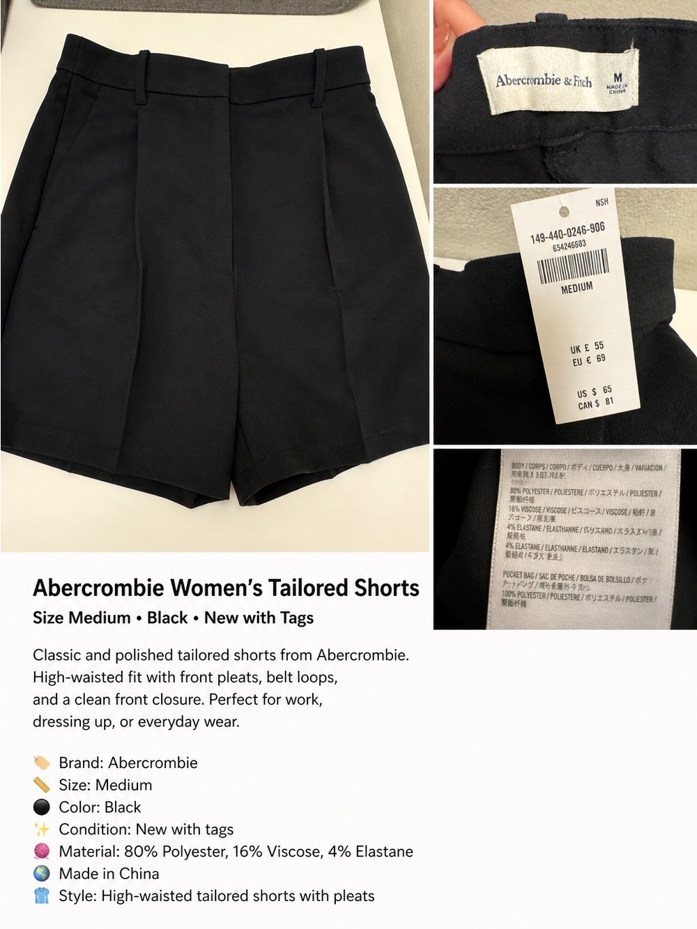 Abercrombie & Fitch Black High-Waisted Tailored Pleat Shorts